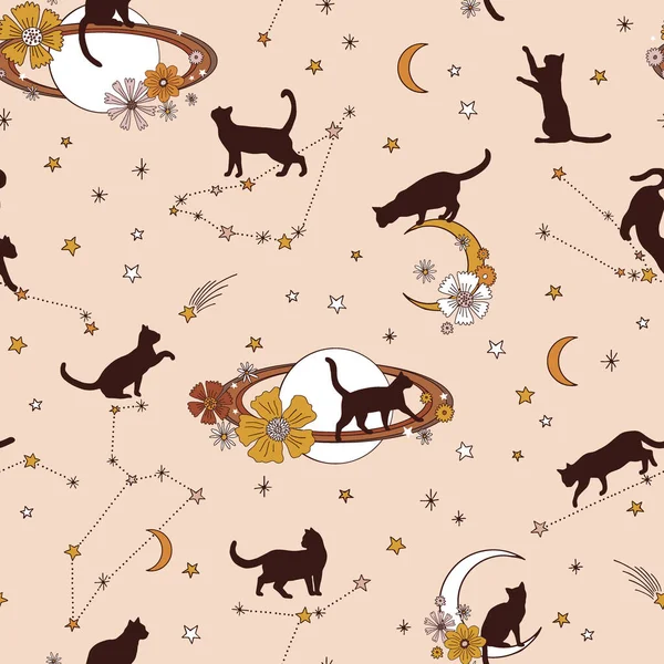 Moony μαύρη γάτα Αστερισμός Floral φεγγάρι Boho Απόκριες διάνυσμα απρόσκοπτη μοτίβο — Διανυσματικό Αρχείο