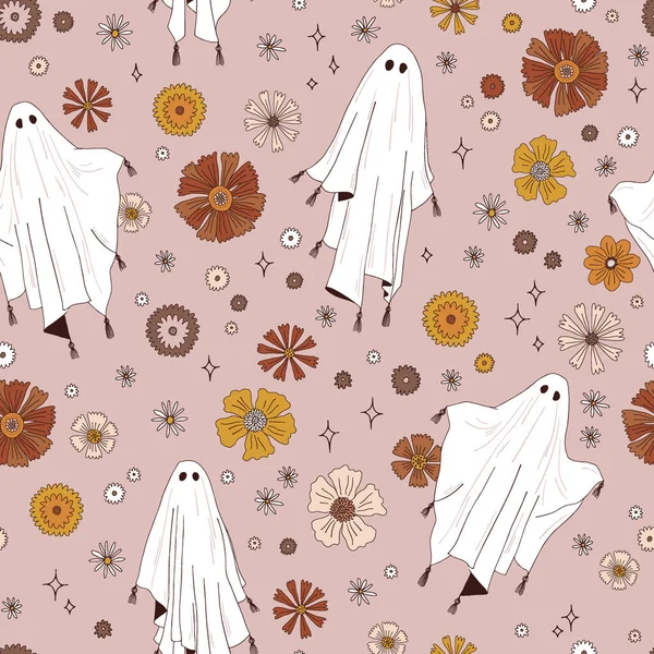 Boho Halloween spooky Ghost with florals vector seamless pattern — Stock Vector