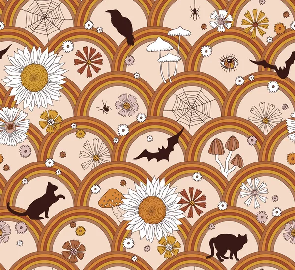Arcs arc-en-ciel rétro avec chat corbeau chauve-souris cobweb champignon fleur vecteur motif sans couture — Image vectorielle