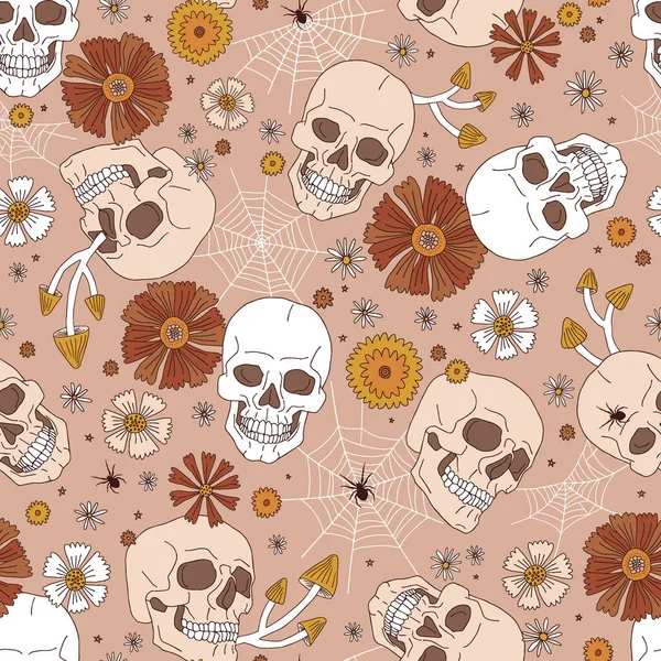 Boho Halloween Scull Seta Floral Cobweb vector patrón sin costuras — Archivo Imágenes Vectoriales