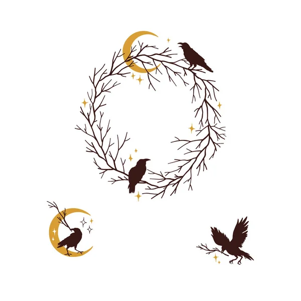Crow silueta árbol sin hojas rama corona creciente luna ramita en pico vector ilustración conjunto Gráficos Vectoriales
