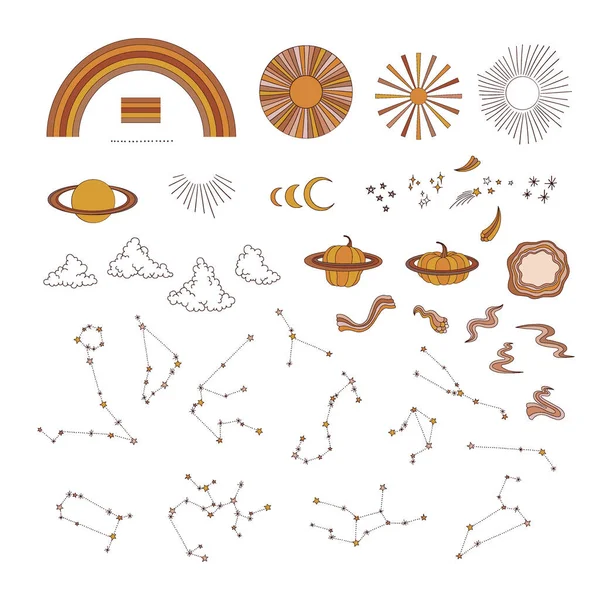 Groovy Rainbow Sun Moon Stars Clouds Pumpkin planet Constellation vector illustration set 스톡 벡터