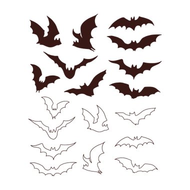 Çeşitli pozlarda gece yarasası silueti. Sinek çizimi seti.