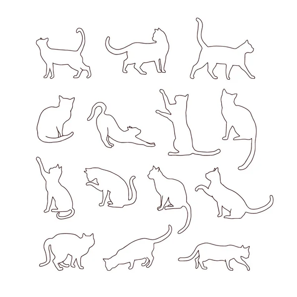 Silueta de gato en varias poses minimalista colorear página vector ilustración conjunto — Vector de stock