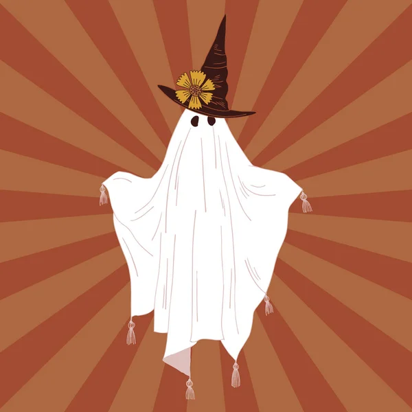 Fantasma assustador em chapéu de bruxa e folha branca em rayburst fundo vetor ilustração —  Vetores de Stock