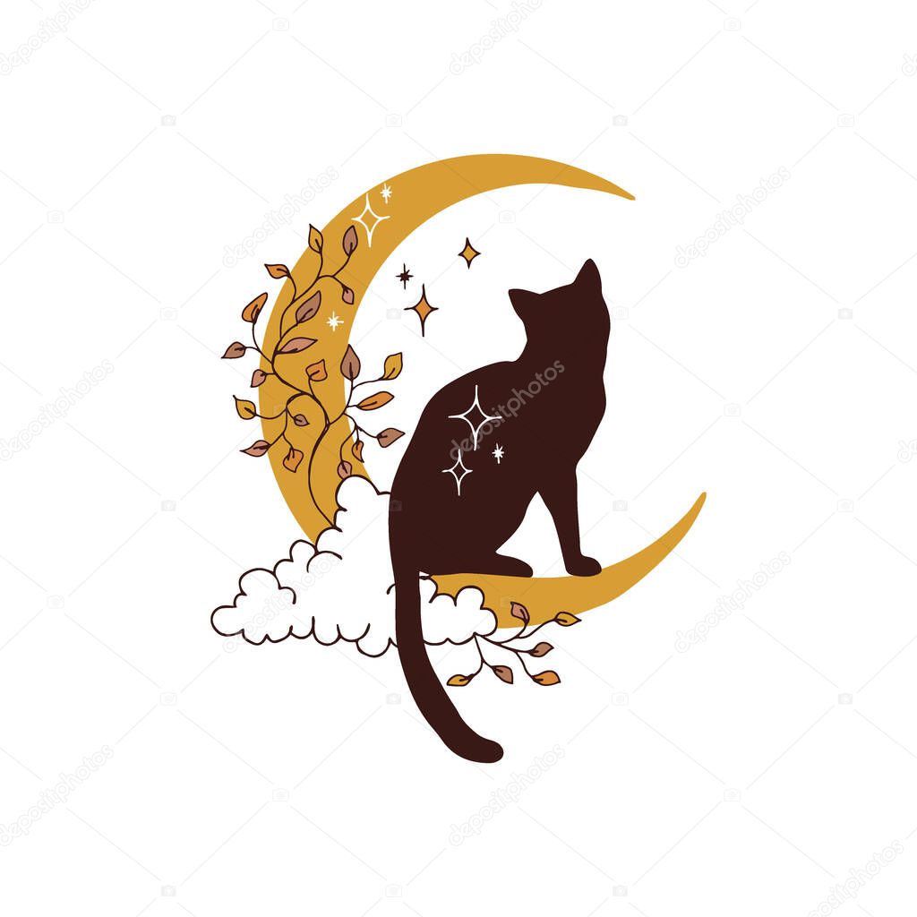 Moony black cat silhouette on crescent moon with ivy plant in night sky vector illustration