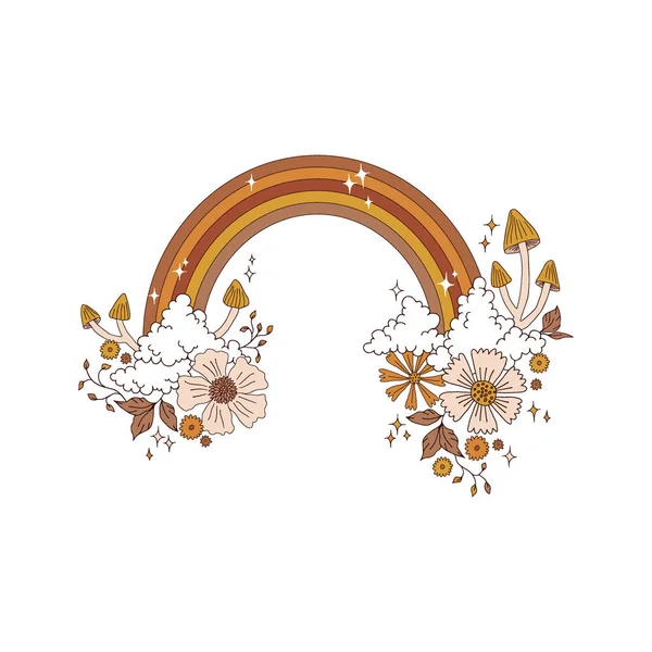 Groovy arcobaleno con nuvole funghi fiori stelle vettoriale illustrazione — Vettoriale Stock