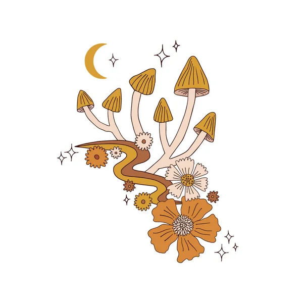 Funghi magici sul sentiero dell'arcobaleno lunare illustrazione vettoriale floreale — Vettoriale Stock