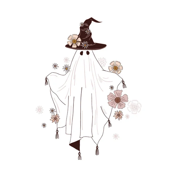 Fantasma espeluznante floral en sombrero de bruja e ilustración de vector de hoja blanca Vector De Stock