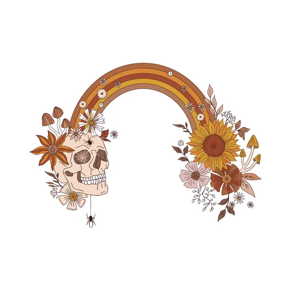 Groovy arc-en-ciel avec crâne araignée fleurs champignons illustration vectorielle Illustration De Stock