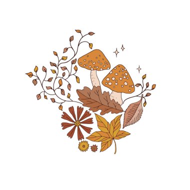 Autumn mushrooms fly agaric fallen leaves ivy plant floral vector illustration clipart