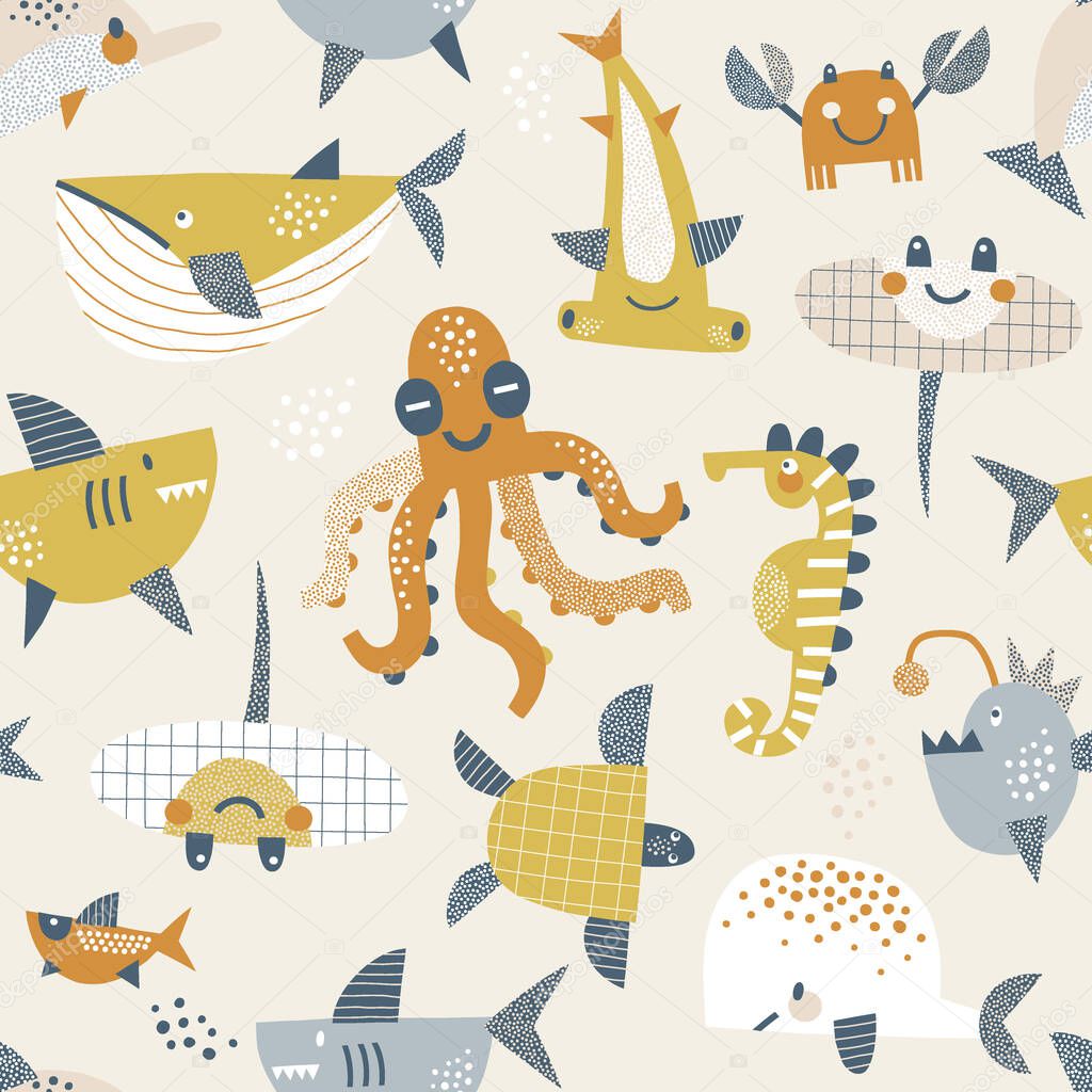 Underwater animals vector seamless pattern. 