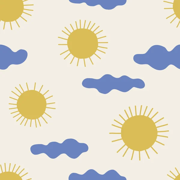 Heldere zon aan de hemel met kleine wolken infantiele vector naadloos patroon — Stockvector