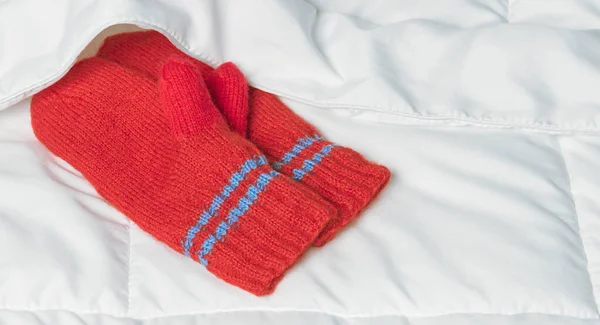 Red Mittens White Blanket Warmth Home Comfort Stock Picture