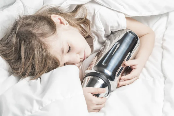 Little Girl Hugs Thermos Tea Sleeps White Blanket Warmth Home Stock Photo