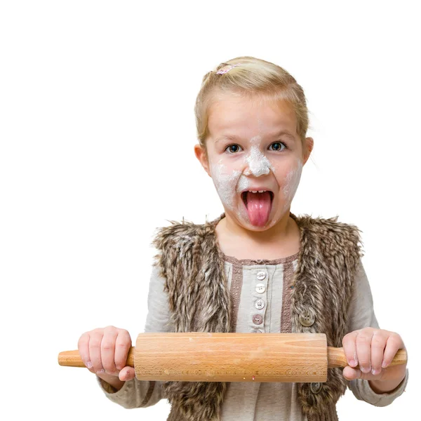 Funny girl with rolling pin — Stock Photo, Image