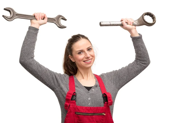 Arbeiterin mit Schraubenschlüssel — Stockfoto