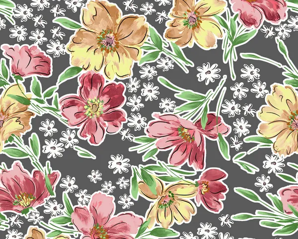 Akvarell Blomma Design Med Grå Botten — Stockfoto