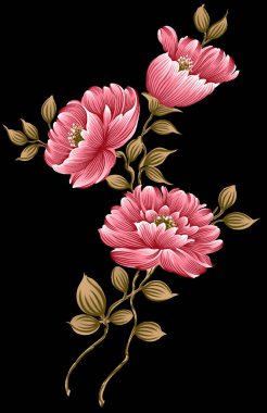 Siyah arkaplanı olan güzel tekstil çiçekleri tasarımı