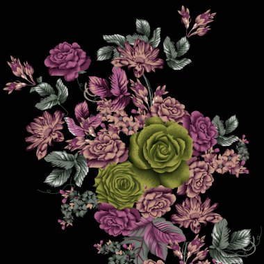 Siyah arkaplanı olan güzel tekstil çiçekleri tasarımı