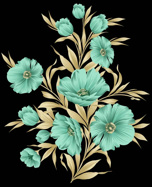 Hermoso Diseño Flores Textiles Con Fondo Negro — Foto de Stock