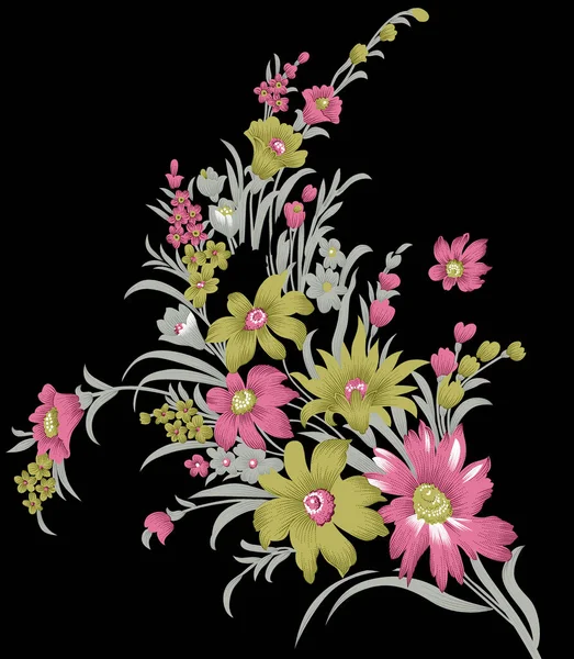 Hermoso Diseño Flores Textiles Con Fondo Negro — Foto de Stock