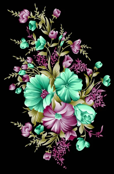 Indah Desain Bunga Tekstil Dengan Latar Belakang Hitam Stok Gambar Bebas Royalti