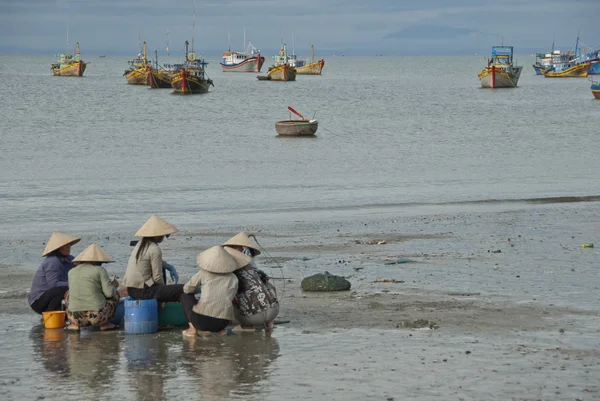Des femmes vietnamiennes attendent des bateaux de pêche sur une plage à Mui Ne, Vietnam . — Photo