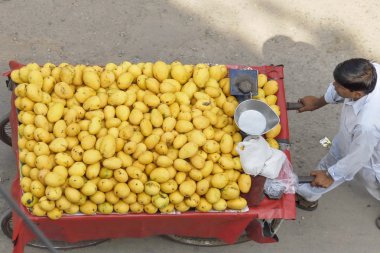 onun arabası tam Mango Yeni Delhi, Hindistan sokak satıcısı iter.