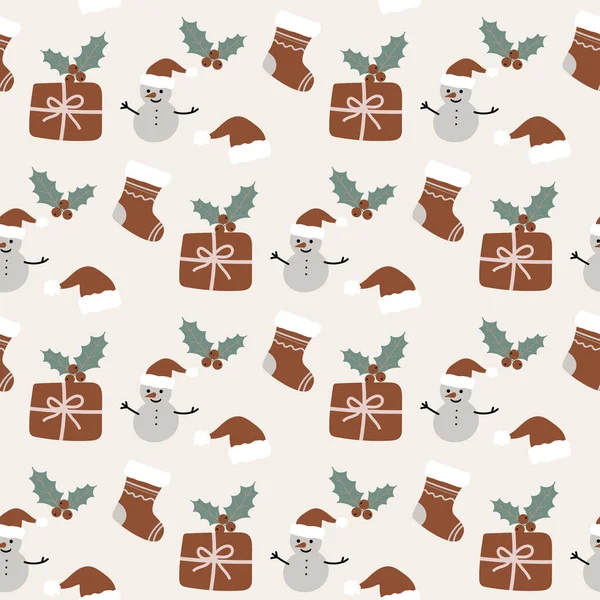 Weihnachten Symbole Nahtlose Muster Geschenkkarton Stechpalme Schneemann Hut Und Socke — Stockvektor