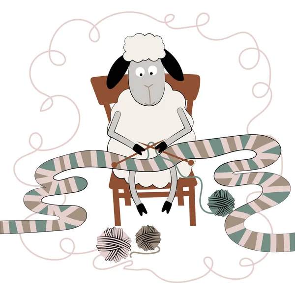 Tarjeta Navidad Con Una Oveja Tejiendo Una Bufanda Larga Ilustración Ilustraciones de stock libres de derechos