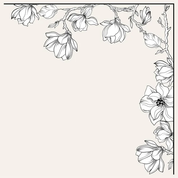 Bloemenhoek Rand Met Magnolia Bloemen Bloemen Illustratie Voor Wenskaart — Stockvector