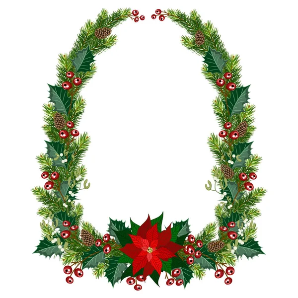 Couronne Sapin Noël Aux Baies Rouges Poinsettia Cadre Noël Illustration — Image vectorielle