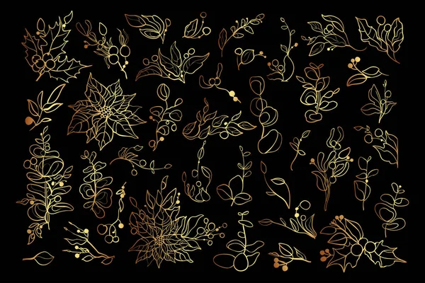 Altın Noel Çiçek Koleksiyonu Dekoratif Çiçek Tasarımı Elementleri Vektör Illüstrasyonu — Stok Vektör