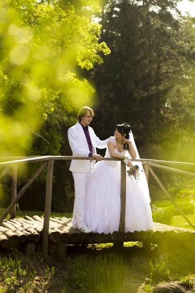 Noiva feliz e noivo em uma ponte de madeira no parque no casamento — Fotografia de Stock