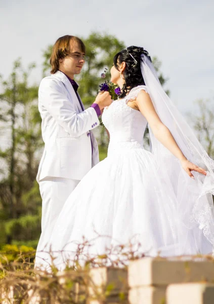 Noiva elegante e noivo posando juntos ao ar livre em um casamento da — Fotografia de Stock