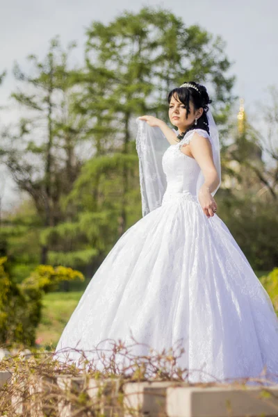Beautiful bride is standing in wedding dress — Stock Photo, Image