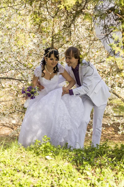 Gelukkig jonge bruid en bruidegom op hun trouwdag — Stockfoto