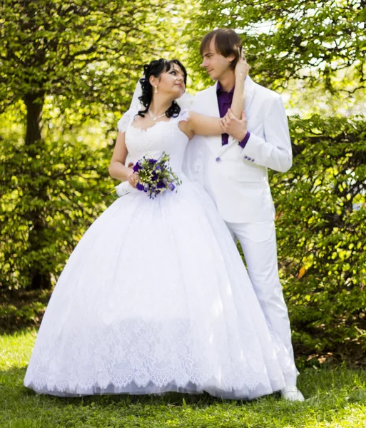 エレガントな花嫁と新郎の結婚式の da に屋外で一緒にポーズ — ストック写真