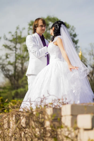 Eleganckie oblubienicy i pozowanie razem na zewnątrz na da ślubu pary młodej — Zdjęcie stockowe