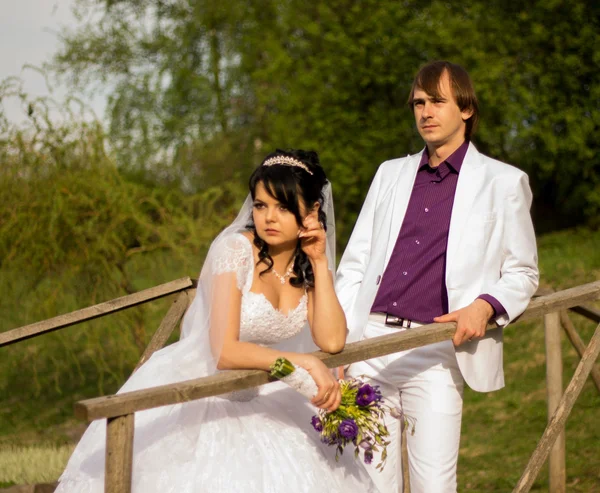 Happy just married couple standing on the small bridge — Stock Photo, Image