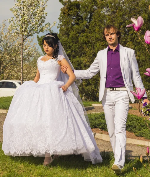 Casal no amor noiva e noivo juntos no verão do casamento — Fotografia de Stock