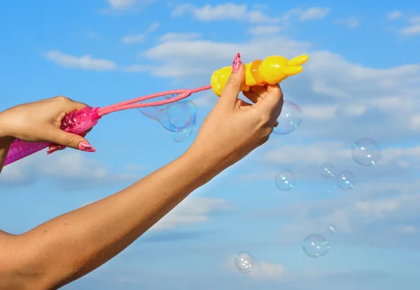 Colorful Soap Bubbles Against Blue Sky Background — Stock Photo, Image