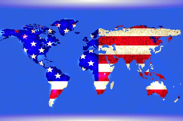 Mavi Illustrated dünya haritası. Soyut doku satırları. Amerikan bayrağı — Stok fotoğraf