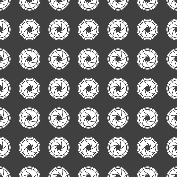 Icono web de diafragma de cámara fotográfica. diseño plano. Patrón gris inconsútil . — Vector de stock