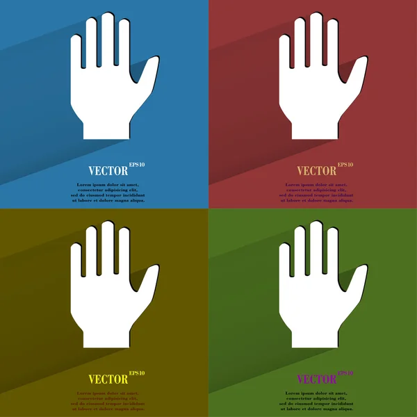 Juego de colores Stop. La mano. Botón web moderno plano con sombra larga y espacio para su texto . — Archivo Imágenes Vectoriales