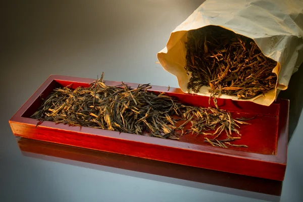 Black tea leaves on tray