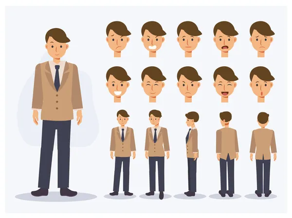 Set Flat Vector Character Japanese Student Boy Uniform Various Views — Stock Vector