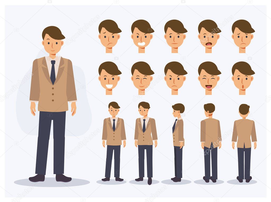 Set of Flat Vector Character Japanese student boy in uniform with various views, Cartoon style.