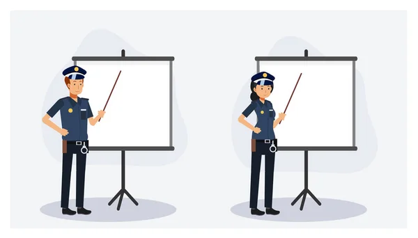警察和女警察正对着董事会指指点点 平面矢量2D卡通人物插图 — 图库矢量图片